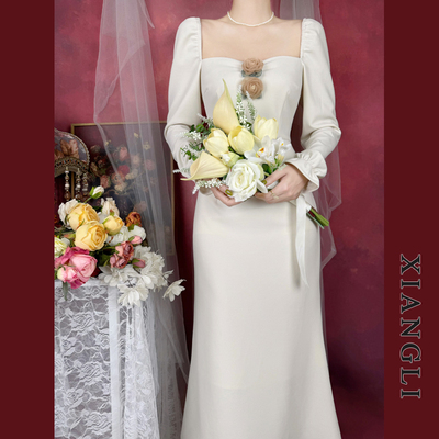 法式轻奢订婚登记白色礼服长裙秋