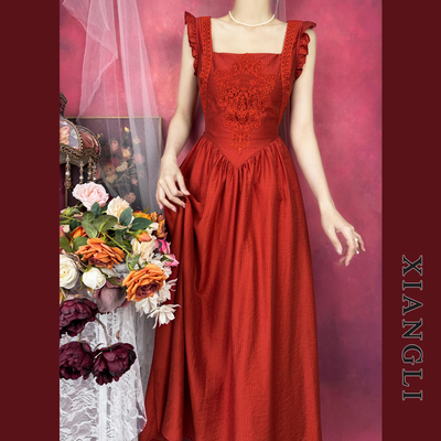 巷里法式复古橘色宫廷绑带吊带裙