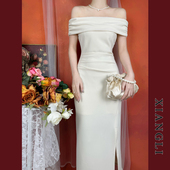 巷里法式 复古连衣裙夏一字肩赫本显瘦气质订婚登记开叉小礼服长裙