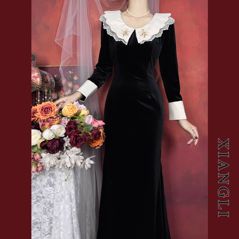 法式复古拼接赫本优雅黑色丝绒裙