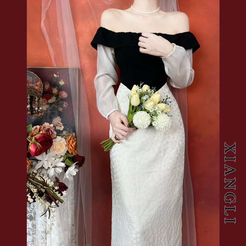 法式复古赫本名媛黑白拼接小礼服