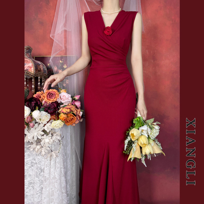 法式赫本女神红色鱼尾敬酒礼服裙