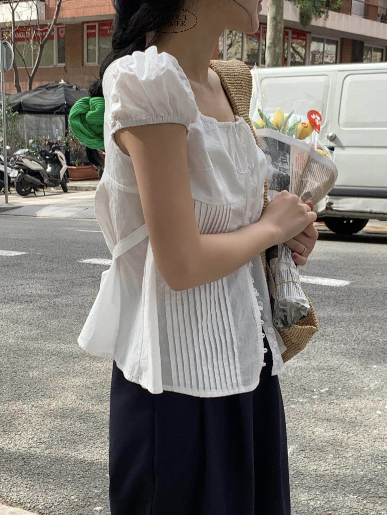 한국어 세련된 세련된 탑 화이트 셔츠 달콤한 연령 감소 스타일 작은 셔츠 퍼프 슬리브 셔츠 여성 여름 새 스타일