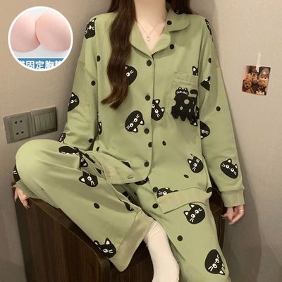 运动三叶草春秋季新款睡衣女带胸垫一体开衫长袖韩系卡通可爱学生