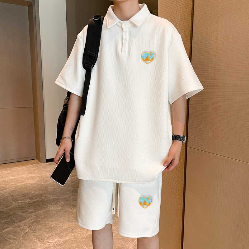 ZL05*P58华夫格运动套装男夏季美式短袖重磅翻领t恤五分裤两件套,男装T恤,星座414A（原B215）