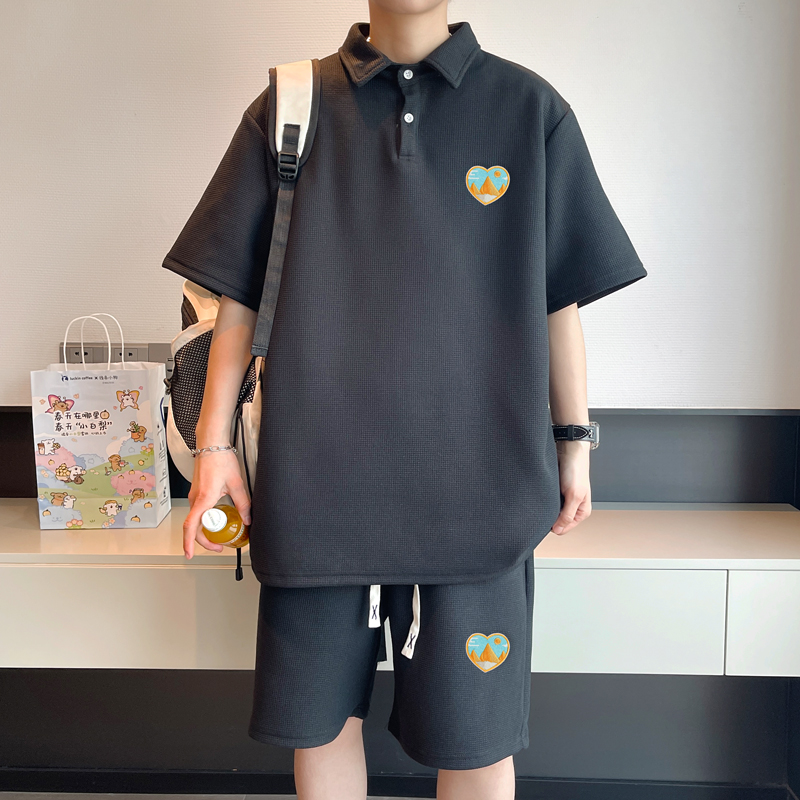 ZL05*P58华夫格运动套装男夏季美式短袖重磅翻领t恤五分裤两件套，男装T恤，电商B215