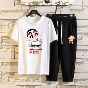 蜡笔小新联名短袖休闲两件套装潮牌INS衣服夏季半截袖T恤P40图片