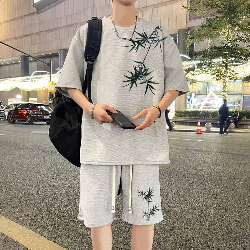 ZT65*P48华夫格风运动套装男士夏季新款潮牌T恤五分裤两件套,男装T恤,星座414A（原B215）