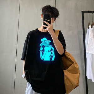 641P15夏季男士短袖t恤宽松反光夜光潮牌男生港风半袖ins上衣服