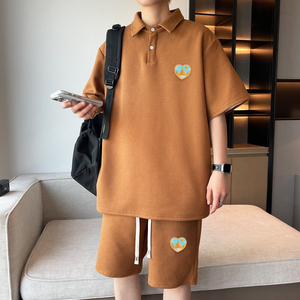 ZL05*P58华夫格运动套装男夏季美式短袖重磅翻领t恤五分裤两件套