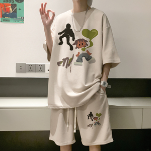 ZT63*P48 华夫格运动套装男夏季潮牌重磅短袖痞帅T恤五分裤两件套图片
