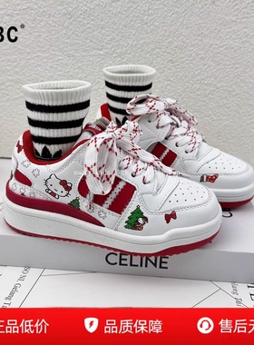 ABC童鞋秋冬季新款红色儿童加绒保暖真皮运动鞋女童KT猫小白板鞋