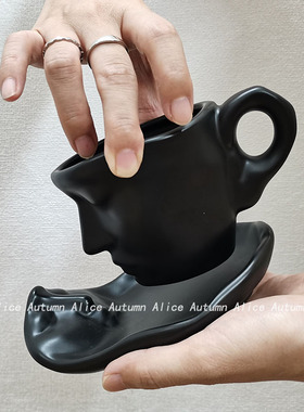 黑色哑光陶瓷咖啡杯套装小众设计师中古杯子美式拿铁杯下午茶水杯