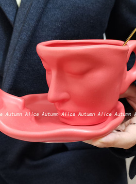 浪漫对吻 红色咖啡杯碟套装法式复古拉花拿铁杯子中古小众礼物INS