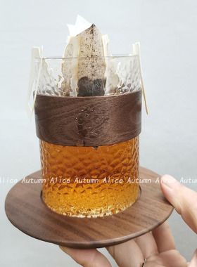 锤纹挂耳咖啡杯套装中古小众设计感精致胡桃木碟拿铁杯下午茶水杯