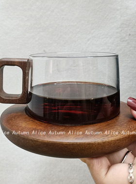 耐高温玻璃咖啡杯木把手高颜值小众设计感拉花拿铁杯下午茶水杯子