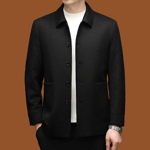 狄斯仑男士商务羊毛呢大衣翻领黑色常规款春季山羊绒保暖夹克外套
