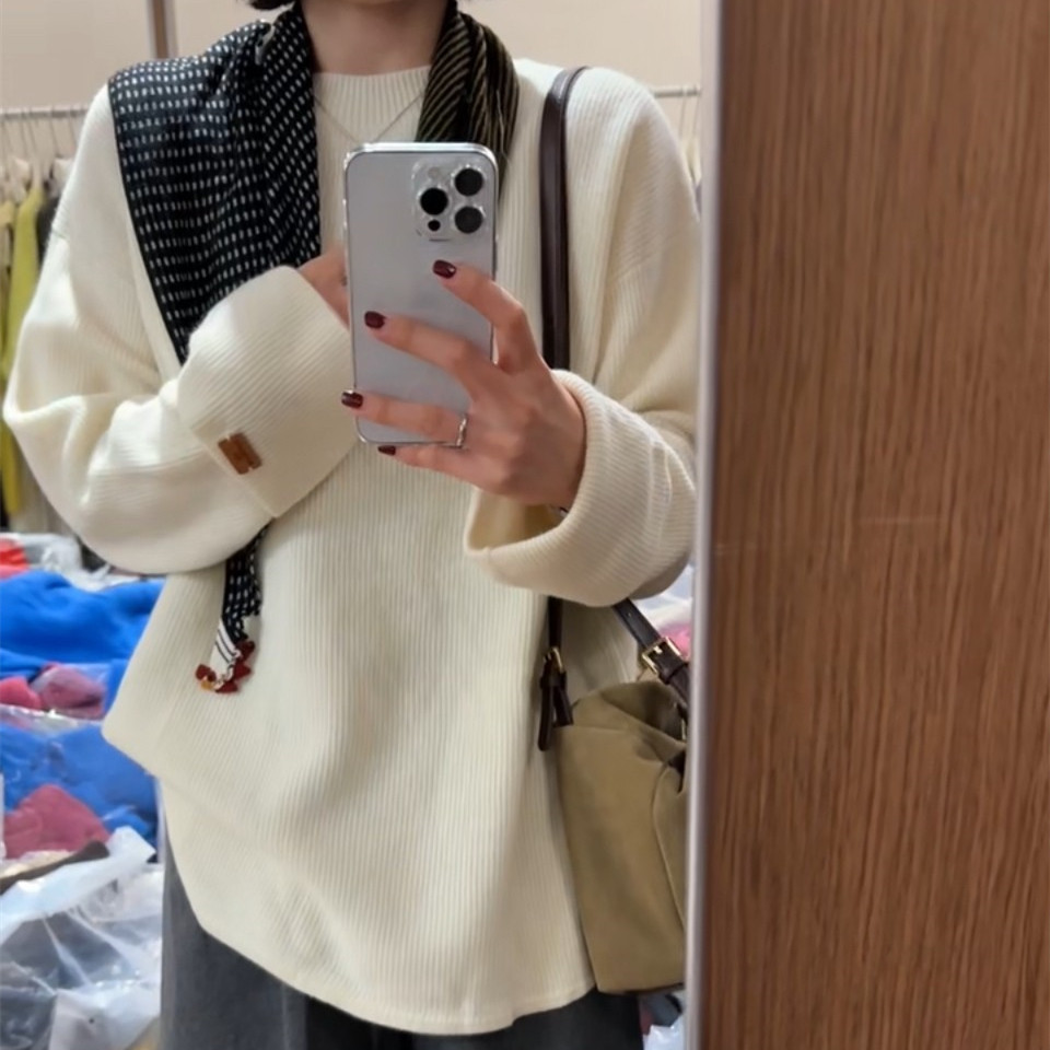 秋冬款袖子皮标圆领羊毛针织衫慵懒套头宽松半高领毛衣 OH STUDIO
