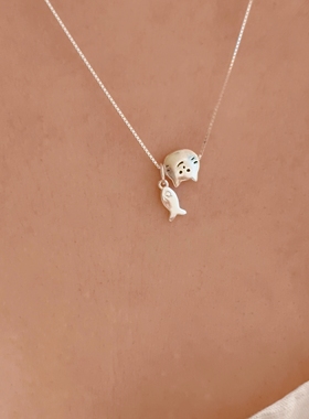 原创S925纯银猫咪小鱼项链女小众时尚可爱卡通吊坠甜美可爱项链