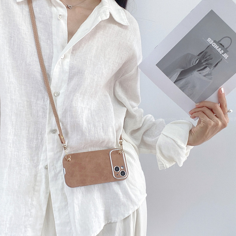 ins韩系秋冬高级感咖色皮质斜挎挂绳手机壳适用15promax/14新款iPhone16pro全包保护壳13防摔12小众简约11女