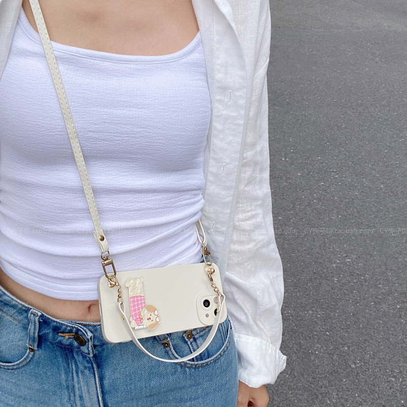 夏日白色小狗支架斜挎手提手机壳