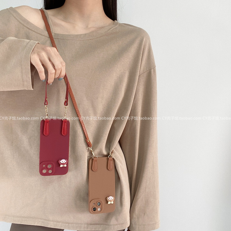 简约纯色可爱女孩头斜挎背带挂绳适用iPhone17ProMax手机壳苹果16promax全包15pro软壳14防摔13手提保护套12