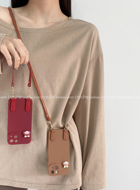 简约纯色可爱女孩头斜挎背带挂绳适用iPhone17ProMax手机壳苹果16promax全包15pro软壳14防摔13手提保护套12