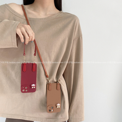 简约纯色女孩头斜挎带挂绳手机壳