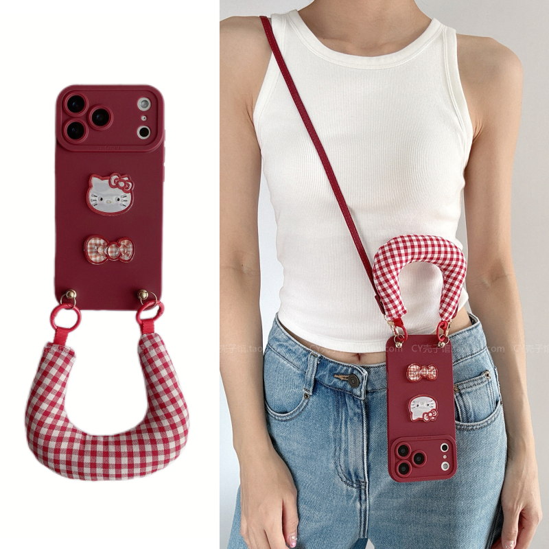 可爱蝴蝶结kt猫带挂绳手提手机壳