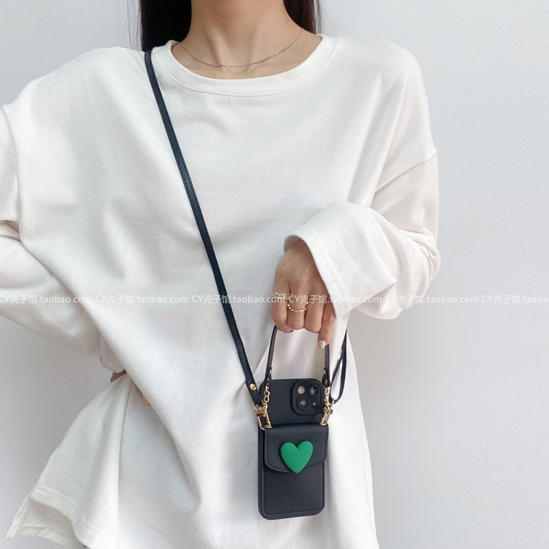 小众简约绿色爱心卡包适用opporeno11/10/9pro手机壳reno8/7斜挎挂绳6/5k保护套findx7/6全包防摔A97/A58x女