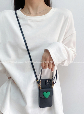 小众简约绿色爱心卡包适用vivox100/x90s/x80pro手机壳x70斜挎挂绳x60防摔保护套y77女y78全包s18/s16/s15e软