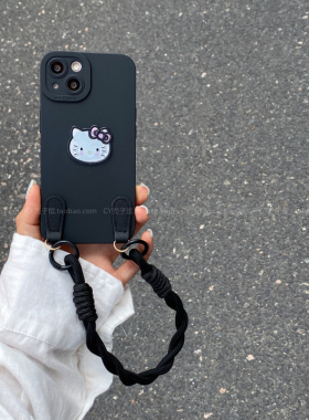 日韩INS小众甜酷黑色可爱猫咪手机壳适用opporeno14/13/12斜挎背带手提绳findx8s+/x7简约A3/A5pro防摔保护套