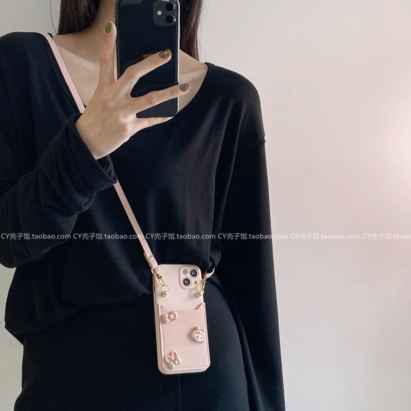 粉色可爱公仔卡包适用iPhone16ProMax苹果15斜挎手机壳14带挂绳13全包12卡通11少女心xsxr手提防摔硅胶保护套