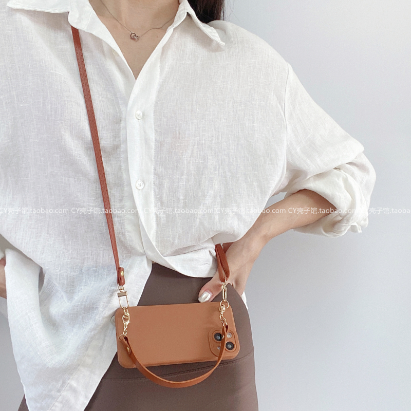 简约高级感焦糖棕斜挎软壳适用OPPOReno13/12/11/10/9手机壳findx8/x7背带A5pro气质A3全包保护套A58防摔k12x