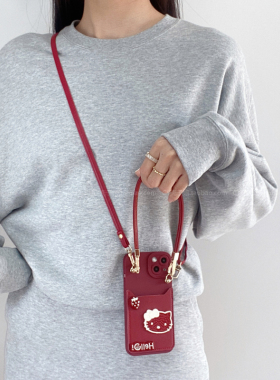 新年酒红色hellokitty卡包手提腕带手机壳适用小米15斜挎挂绳红米note14/13pro可爱k80全包防摔k70软硅胶civi