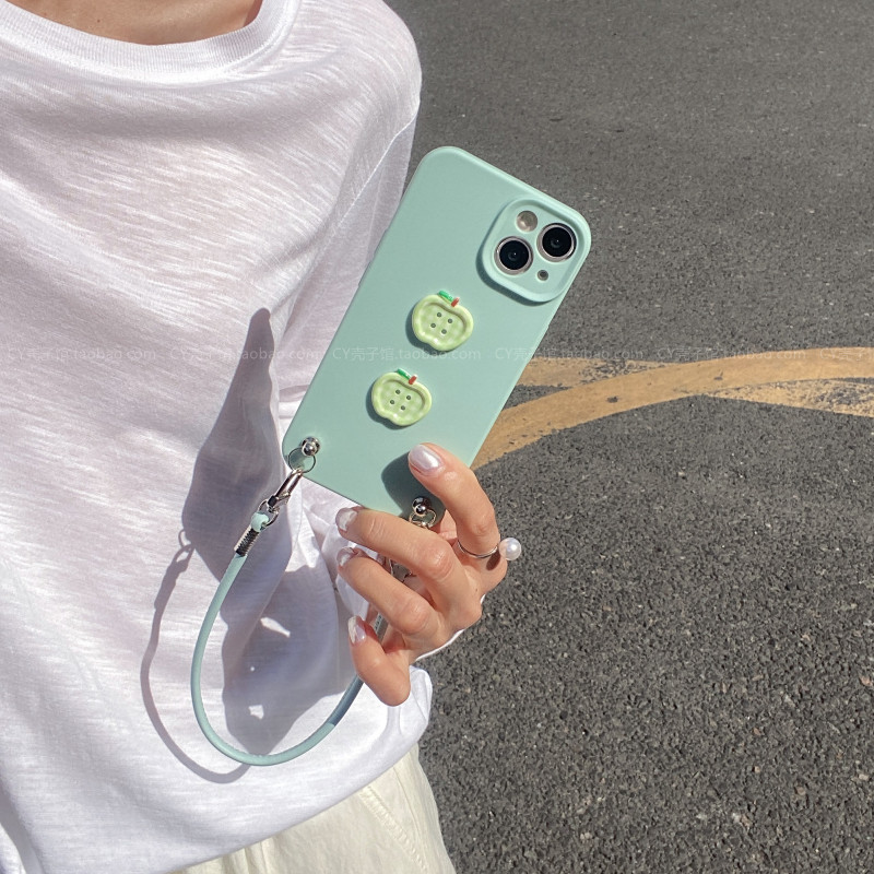 小众夏天薄荷绿手提手机壳适用iPhone16ProMax苹果15pro韩系ins风保护壳14/13腕带挂绳12新款11女xs硅胶软壳