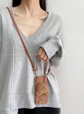 可爱立体毛绒小熊斜挎ins韩系p50适用华为mate7060手机壳pura70背带挂绳nova13/12畅享70pro手提防摔保护外套