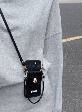 黑色童趣卡通米老鼠卡包适用苹果15手机壳iPhone17promax新款16pro斜挎手提绳13防摔14p保护套女全包边可爱12