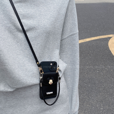 黑色卡通米老鼠卡包斜挎绳手机壳