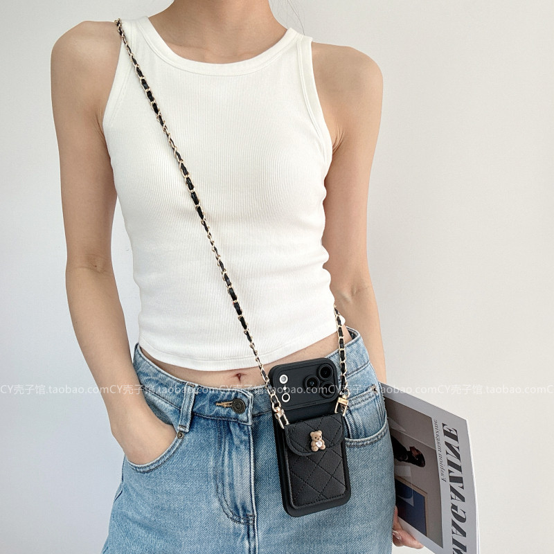 黑色小香风菱格斜挎卡包手机壳