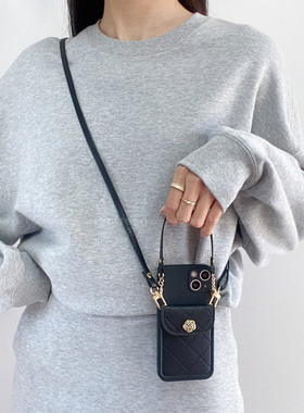 黑色小香风山茶花菱格卡包适用小米17/15手机壳红米note15/14pro斜挎背带绳k90k80k70小众高级感turbo4软civi