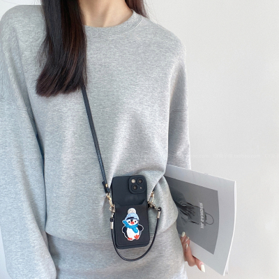 黑色卡通可爱小企鹅插卡包适用小米15手机壳红米note14/13Pro背带挂绳Turbo4手提k807060高级感civi4全包防摔