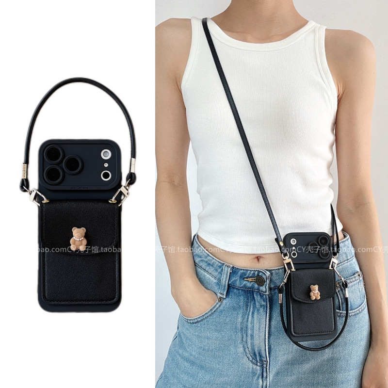 ins韩系甜酷黑色珍珠小熊卡包适用荣耀500/400/300手机壳magic8/7/6斜挎背带手提绳x70新款x60i防摔x50保护套