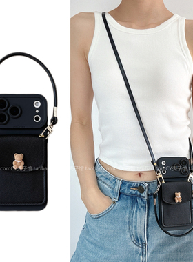 ins韩系甜酷黑色珍珠小熊卡包适用OPPOReno15/14/13手机壳findx9/x8s/x7斜挎背带手提绳A6新款A5pro保护套K13