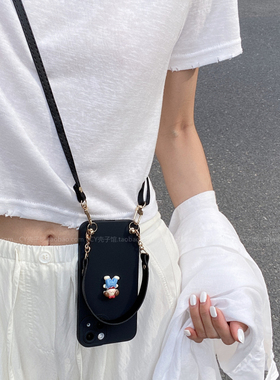 ins黑色可爱穿背带裤小狗适用荣耀400/300/200手机壳magic7/6斜挎手提绳x70新款x60i简约高级感x50畅玩70plus