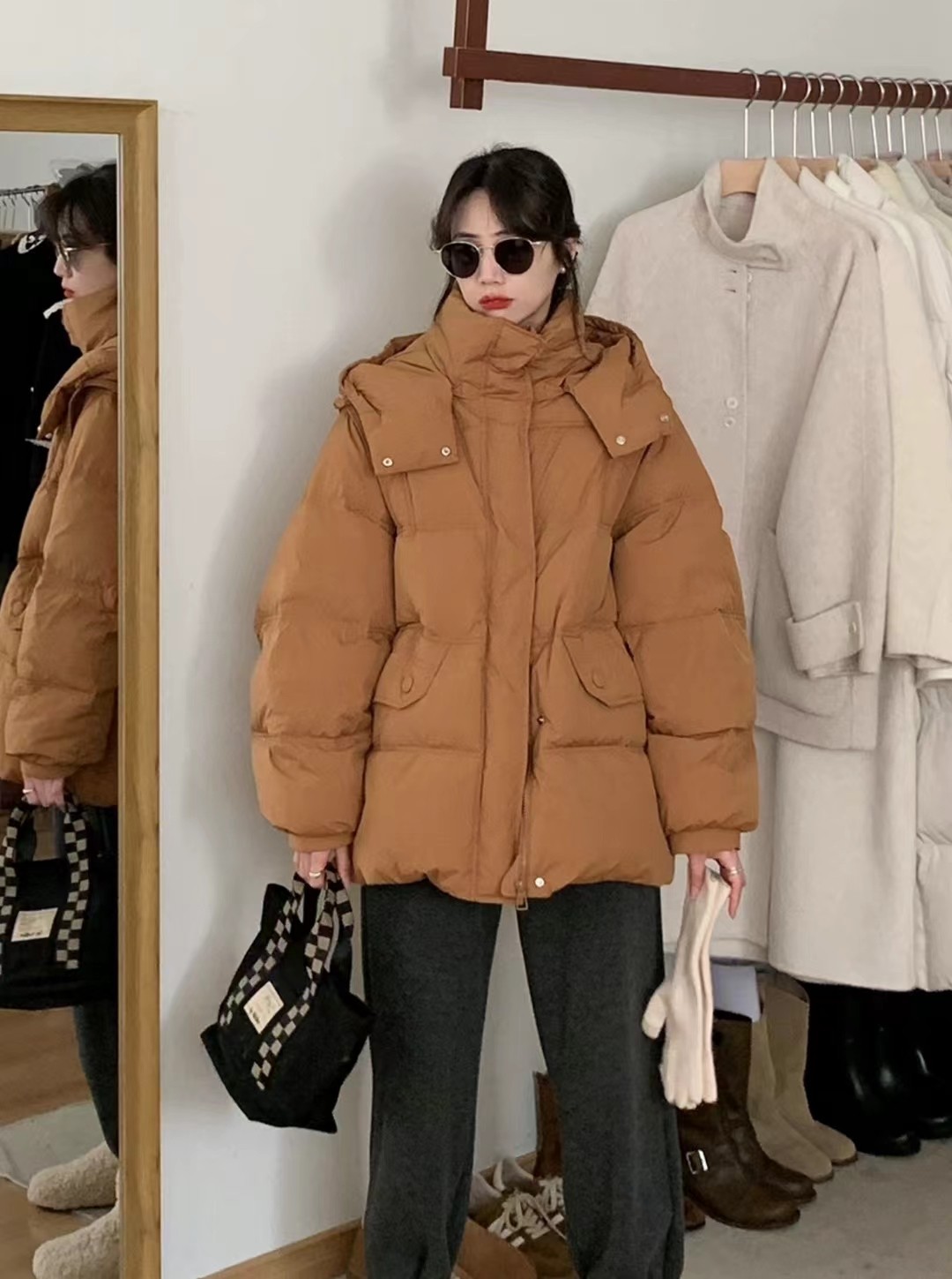 2024新款冬装韩版连帽收腰羽绒服女中长款休闲宽松加厚鸭绒外套