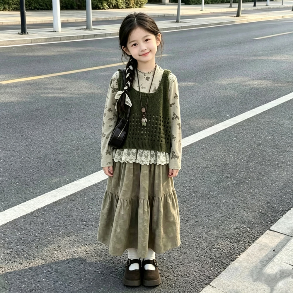 世玉家开学季女童套装秋季2026新款洋气儿童初秋裙子三件套薄款