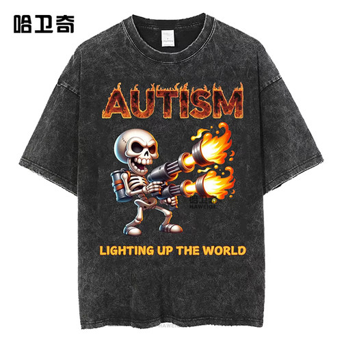 Autismo Scheletro Meme T Shirt自闭症骷髅哥特骷髅头水洗T恤衫