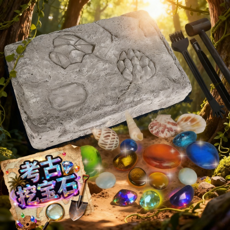 儿童宝石考古挖掘玩具寻宝敲砸恐龙化石男女孩钻石挖宝藏石膏盲盒