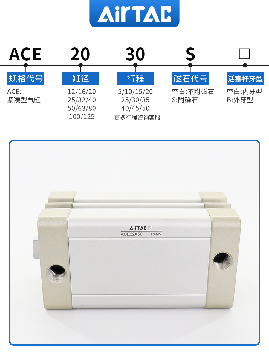 亚德客紧凑型气缸ACE12X5X10X15X20X25X30X35X40X50X65X70X80-S
